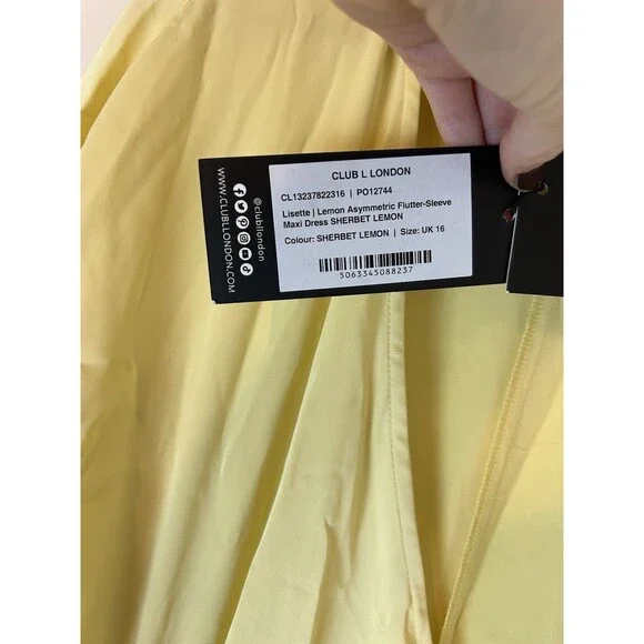 Club L London 12 L Satin Dress Yellow Lemon Lisette Maxi Flutter Sleeve Wrap - Picture 4 of 8